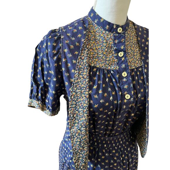 Vintage 70s Cottage Core Prairie Peasant Skirt Set Blue Floral Print - Picture 9 of 12